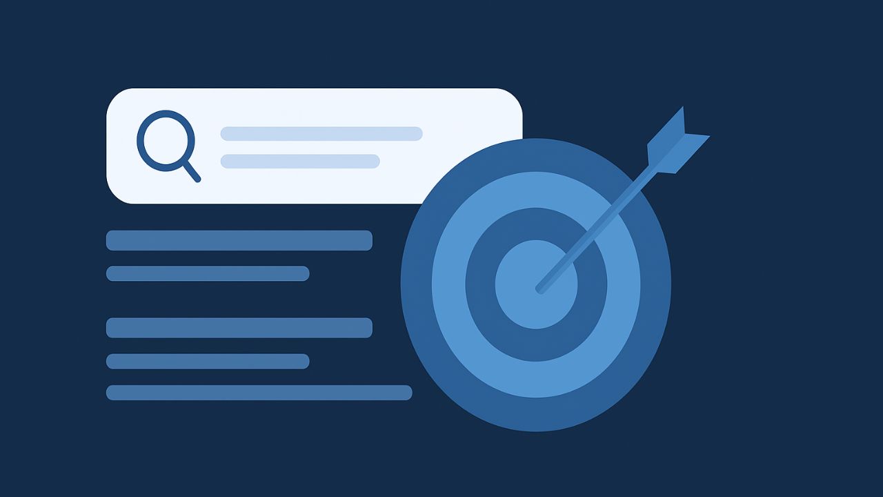 Minimal AI realistic illustration of a search interface and a target with an arrow symbolizing SEO precision.