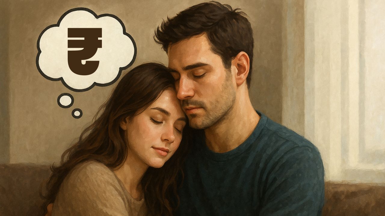 A realistic AI illustration showing a couple in a warm emotional moment with a faint dollar symbol in the background, symbolizing love and stability.
