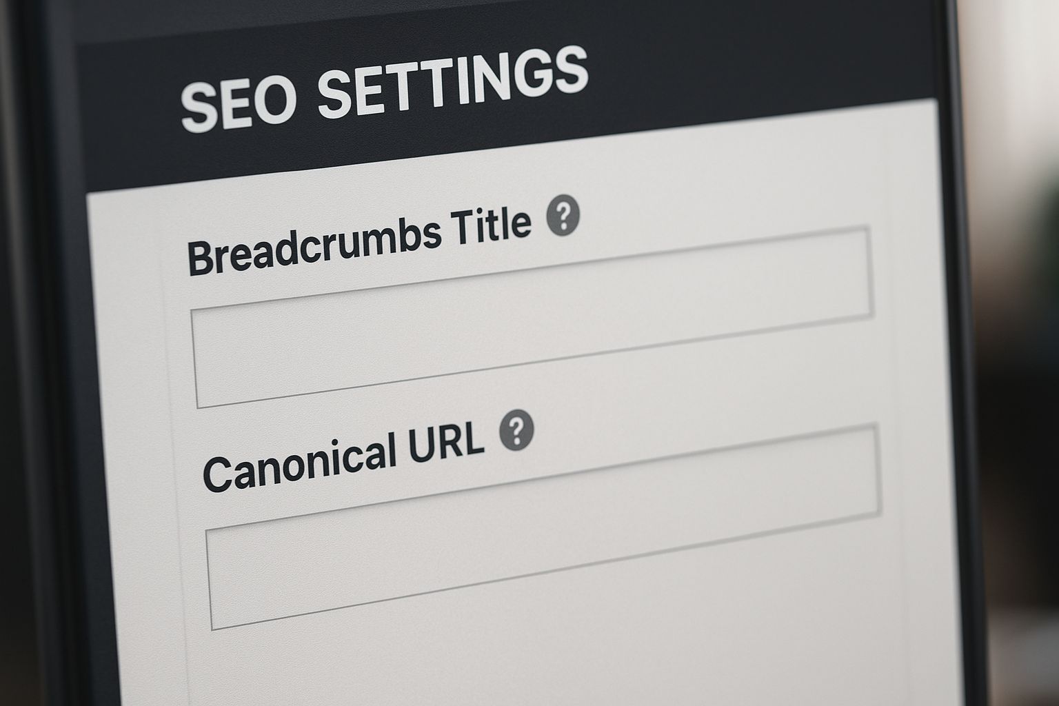Screenshot showing Breadcrumbs Title and Canonical URL input fields in WordPress SEO settings