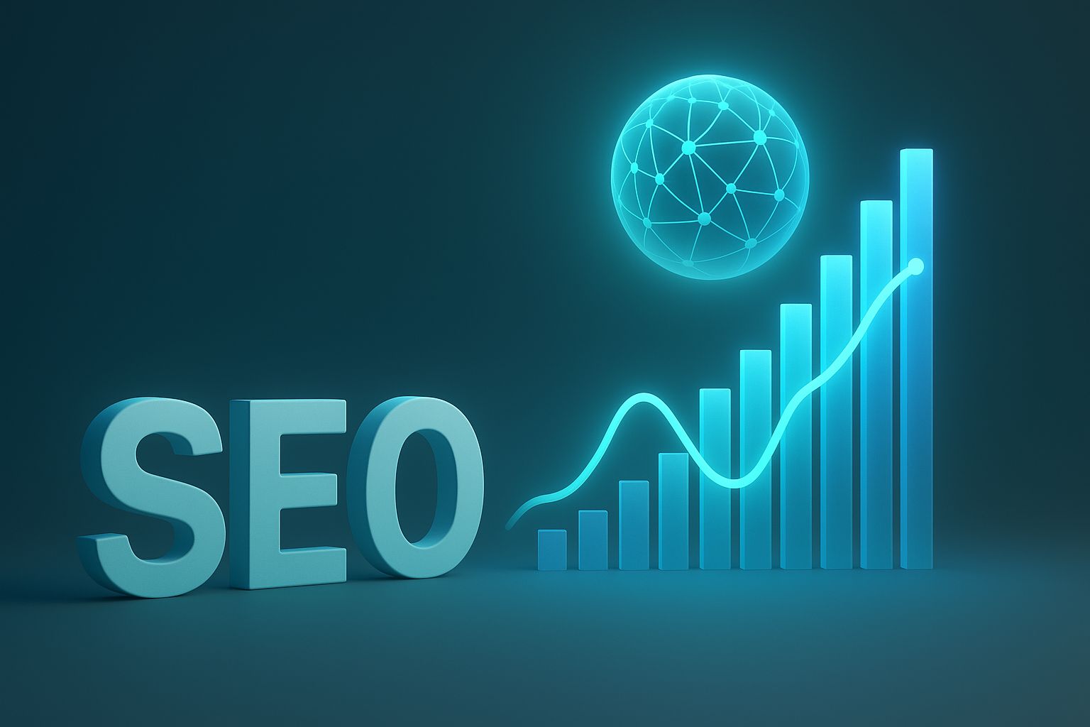 3D futuristic illustration showing SEO letters, rising data bars, and a glowing AI network sphere — symbolizing modern search evolution in 2026.