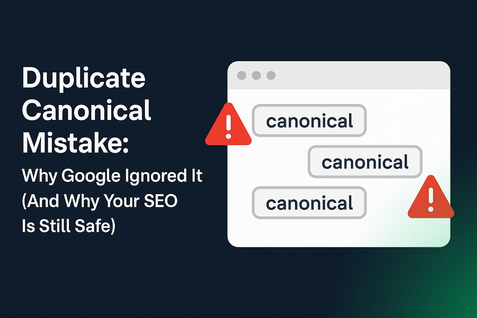 duplicate-canonical-issue: 3D SEO illustration showing duplicate canonical tags and warning icons on browser window